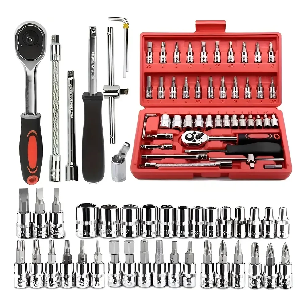 Kit Chave Catraca Soquete 46 Peças Jogo Ferramentas Cromo Vanádio Manutenção De Carros E Motos Vermelho