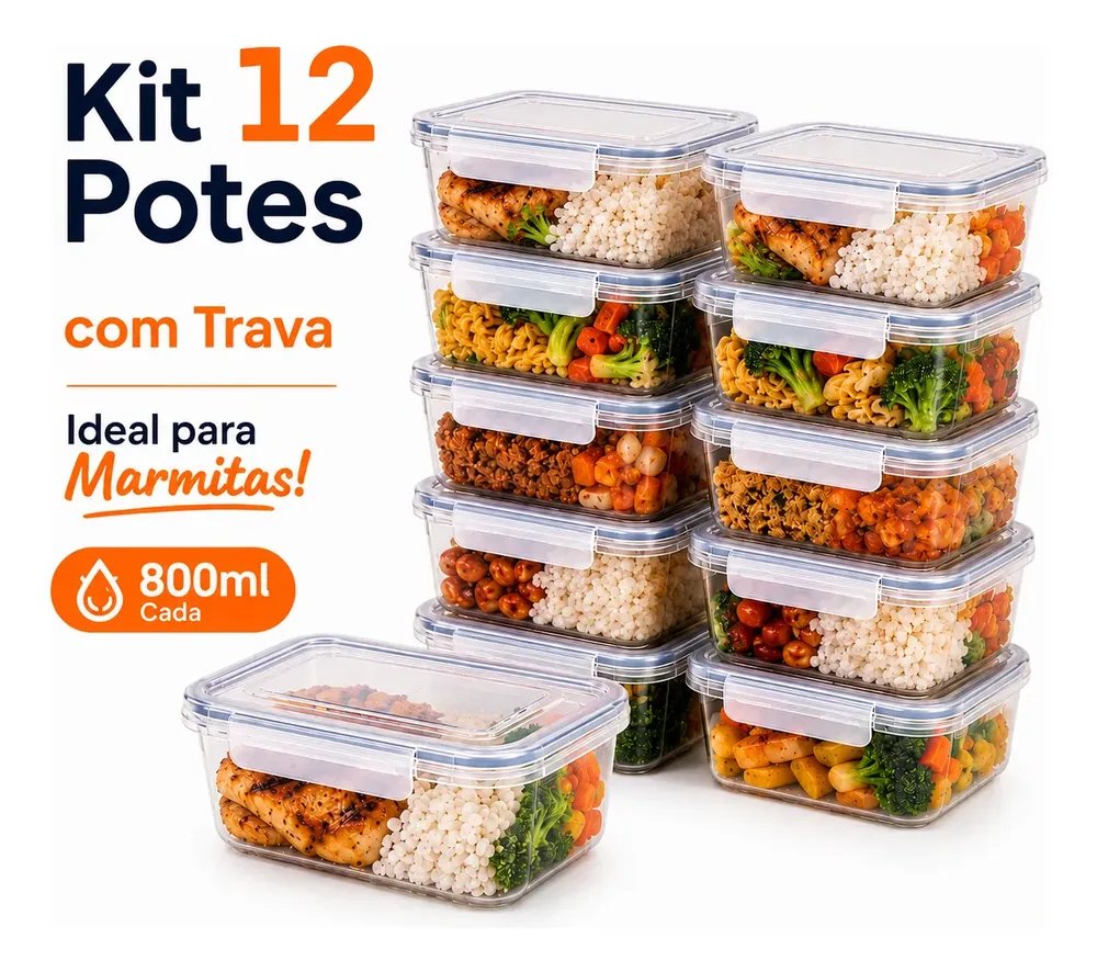 Kit 12 Potes Marmita Com Trava Lateral Freezer Microondas Transparente