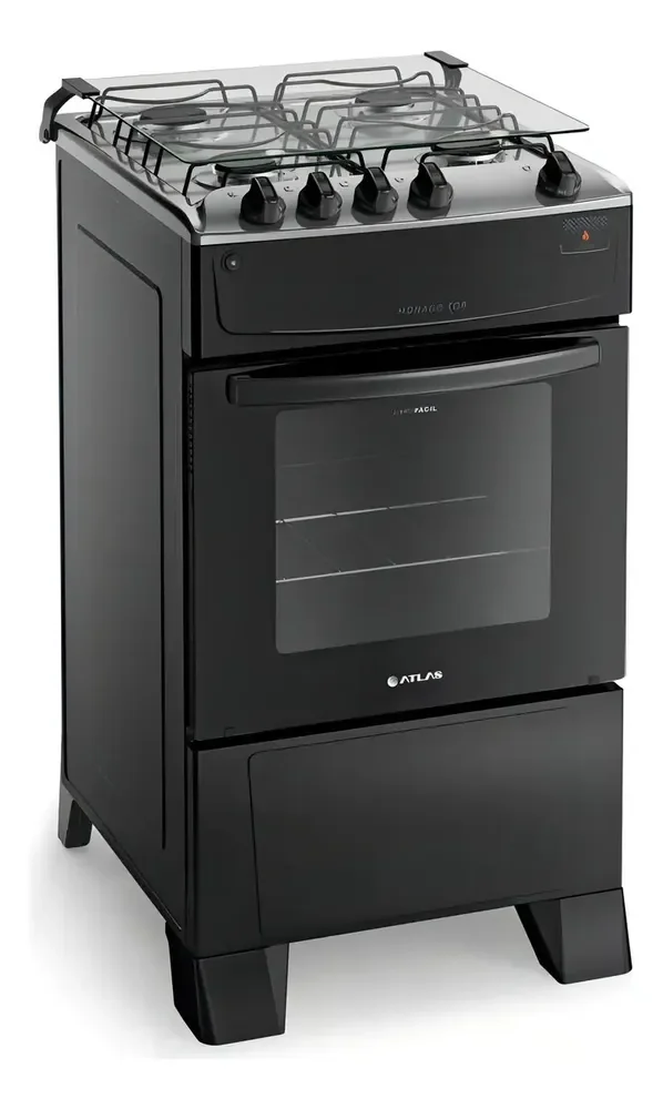 Fogão 4 Bocas Atlas Mônaco Top Com Mesa Inox e Forno de 50 Litros e Acendimento Automático Preto Bivolt