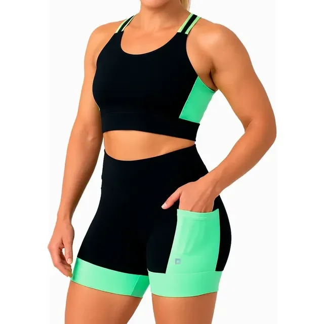 Conjunto Shorts Com Bolsos + Top Alta Sustentação Corrida