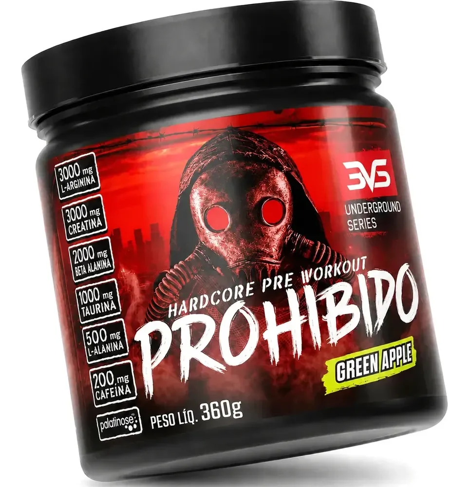 PRÉ TREINO PROHIBIDO 360g Sabor Maçã Verde - Fórmula Exclusiva contendo Creatina, Beta Alanina, Taurina, L-tirosina, L-alanina, Cafeína, Arginina e Palatinose