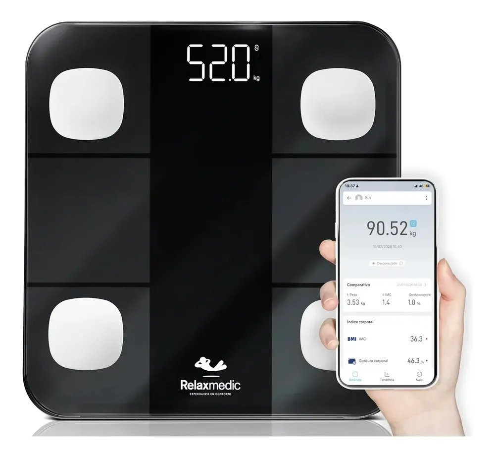 Balança Digital Corporal Bioimpedância Aplicativo Bluetooth Relaxmedic