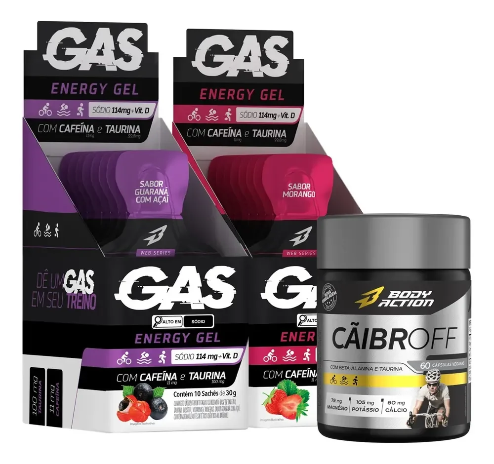 2x Gas Energy Gel Energético 20 Sachês + Cãibroff Bodyaction Sabor Guaraná com Açaí/Morango