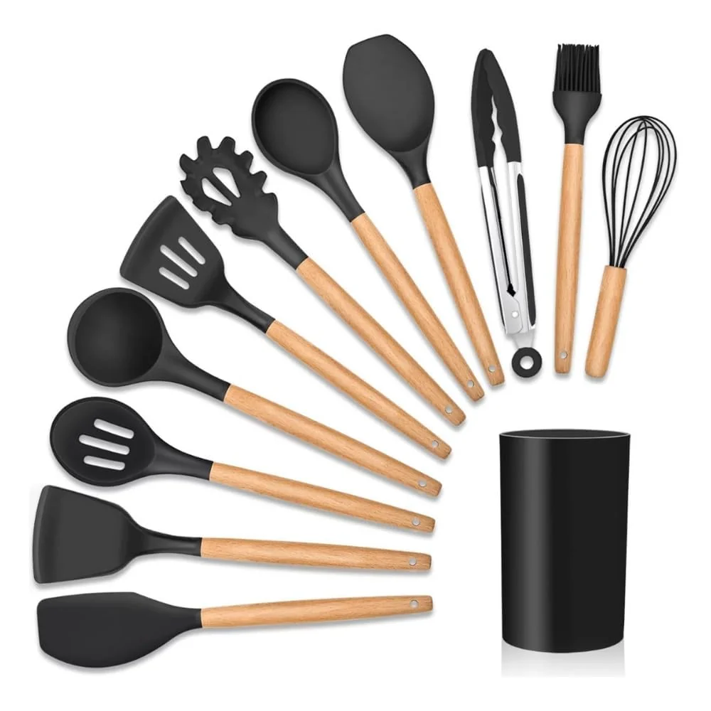 Kit 12 Utensílios De Cozinha Em Silicone E Cabo De Madeira Jogo De Utensílios Resistente ao Calor Antiaderente Premium GAXMARK