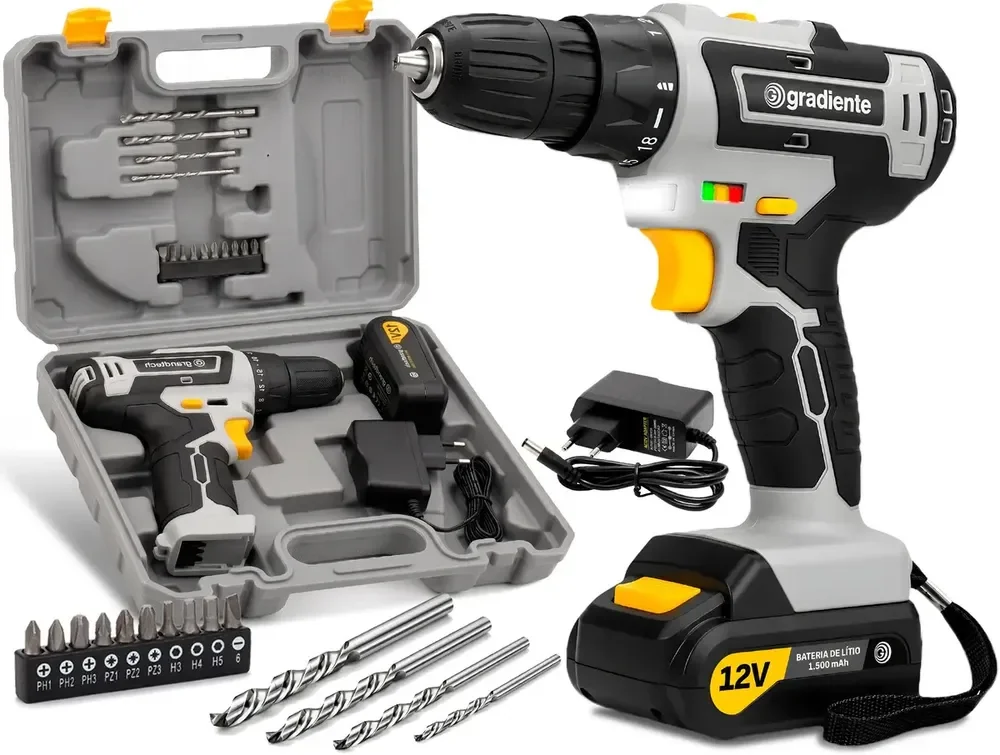 Parafusadeira Furadeira Sem Fio A Bateria 12V 3/8 Pol. 10mm Gradiente Profissional Com Maleta Brocas e Bits
