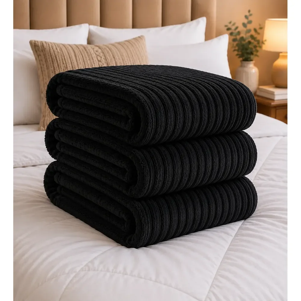 Cobertor Manta Casal Aveludada Canelada Super Macia Luxo Canelada 750 G Preto
