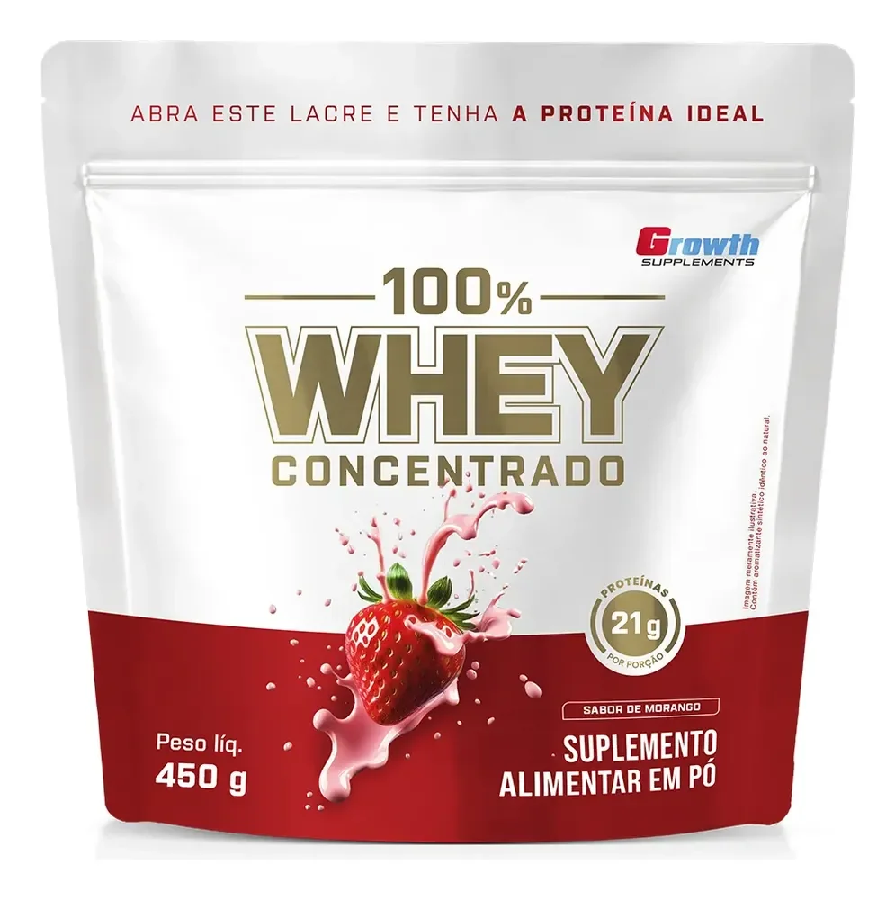 100% Whey Concentrado 450g Growth Supplements Morango