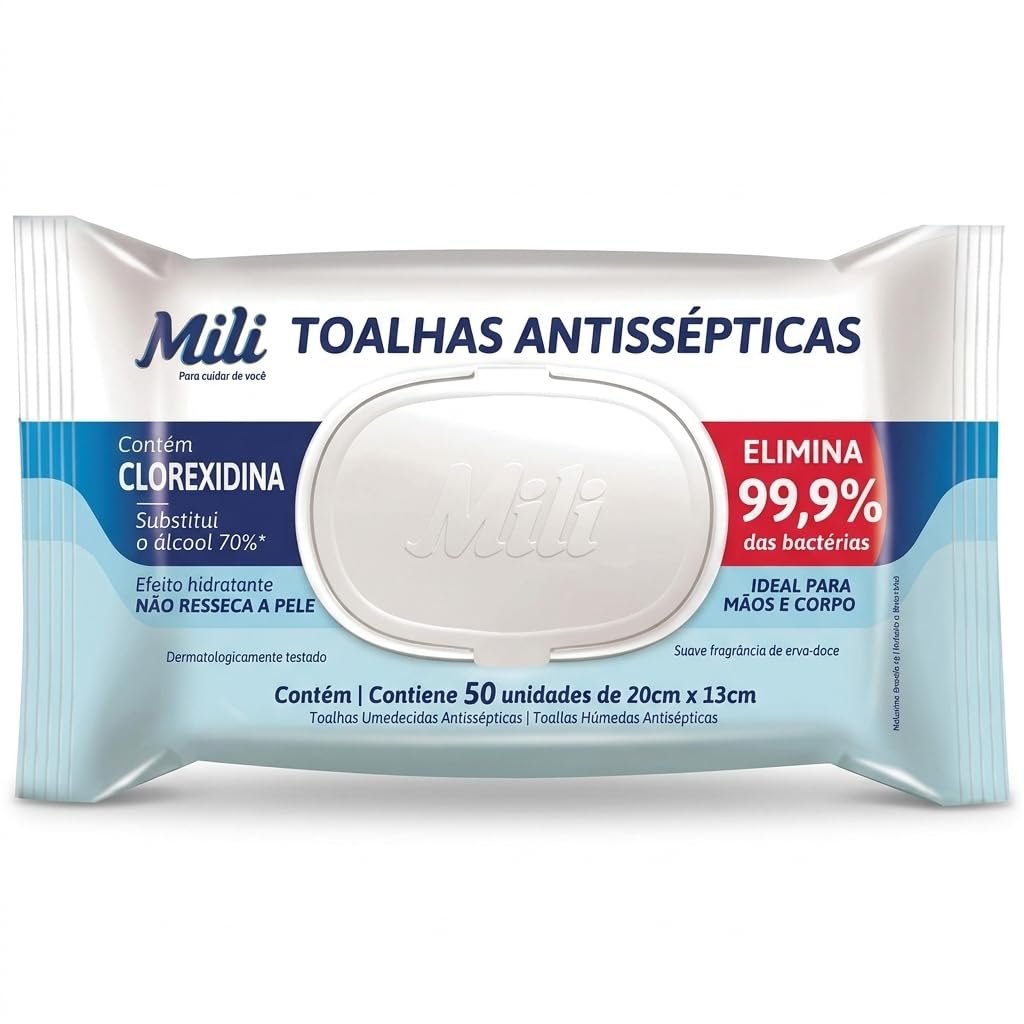 Mili Toalhas Umedecidas Antissépticas, Higienização de Mãos e Corpo, Elimina 99,9% das Bactérias, 50 Unidades