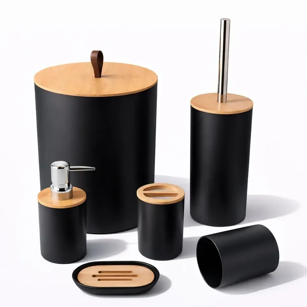 Conjunto Acessórios Kit Completo 6 Peças Para Banheiro Tampa Fechada Copo Multiuso, Escova Sanitária, Cesto De Lixo, Porta Escova, Porta Sabonete Líquido, Saboneteira Cor Preto Sayonara