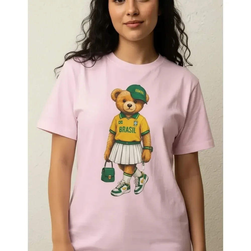 Camiseta Feminina T Shirt Brasil Ursa Torcedora Fashionista Rosa Gg