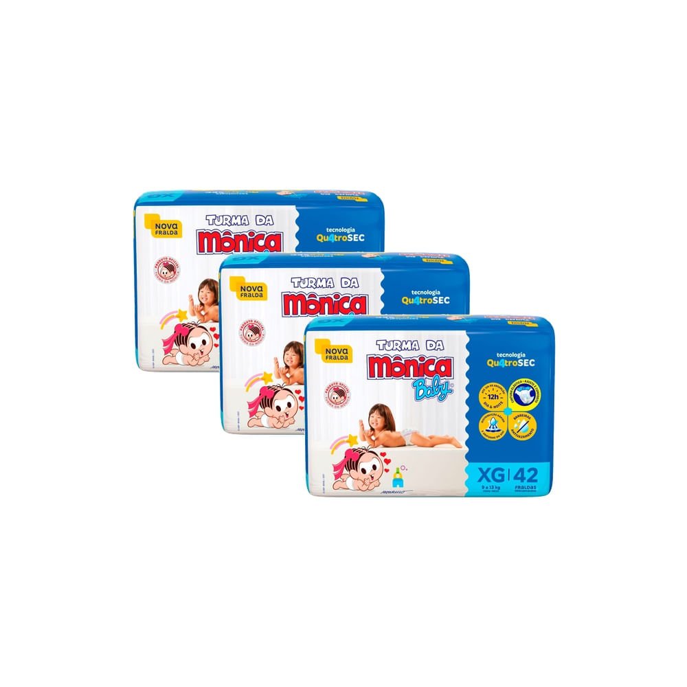 Kit 3 Fralda Turma da Mônica Baby Mega Tamanho XG 42 Unidades Descartáveis