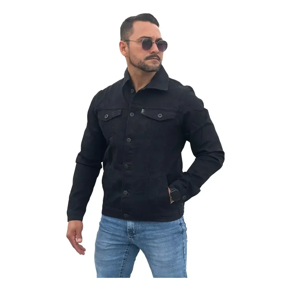 Jaqueta Jeans Masculina Sarja Bolsos Funcionais Resistente Preto M
