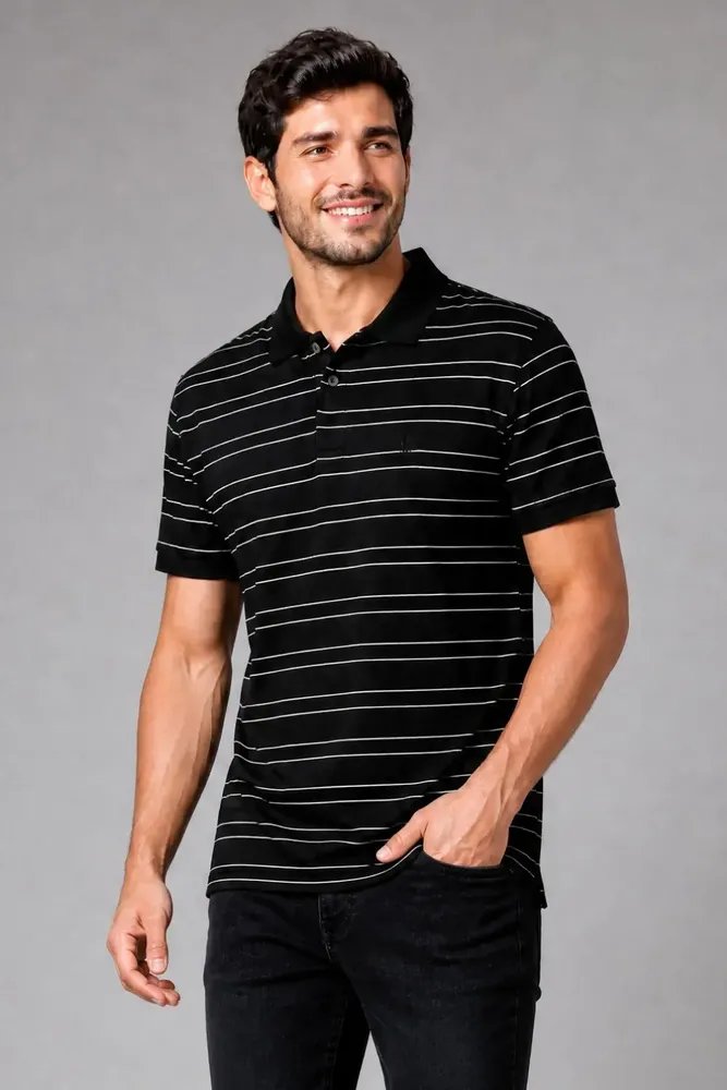 Polo Piquet Masculina Listrada Polo Wear Preto M
