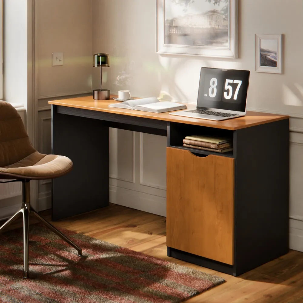 Escrivaninha Maxi Para Computador/notebook Home Office Com Porta E Nicho Mesa De Escritório Compacta Para Estudo Cor Preto Canela