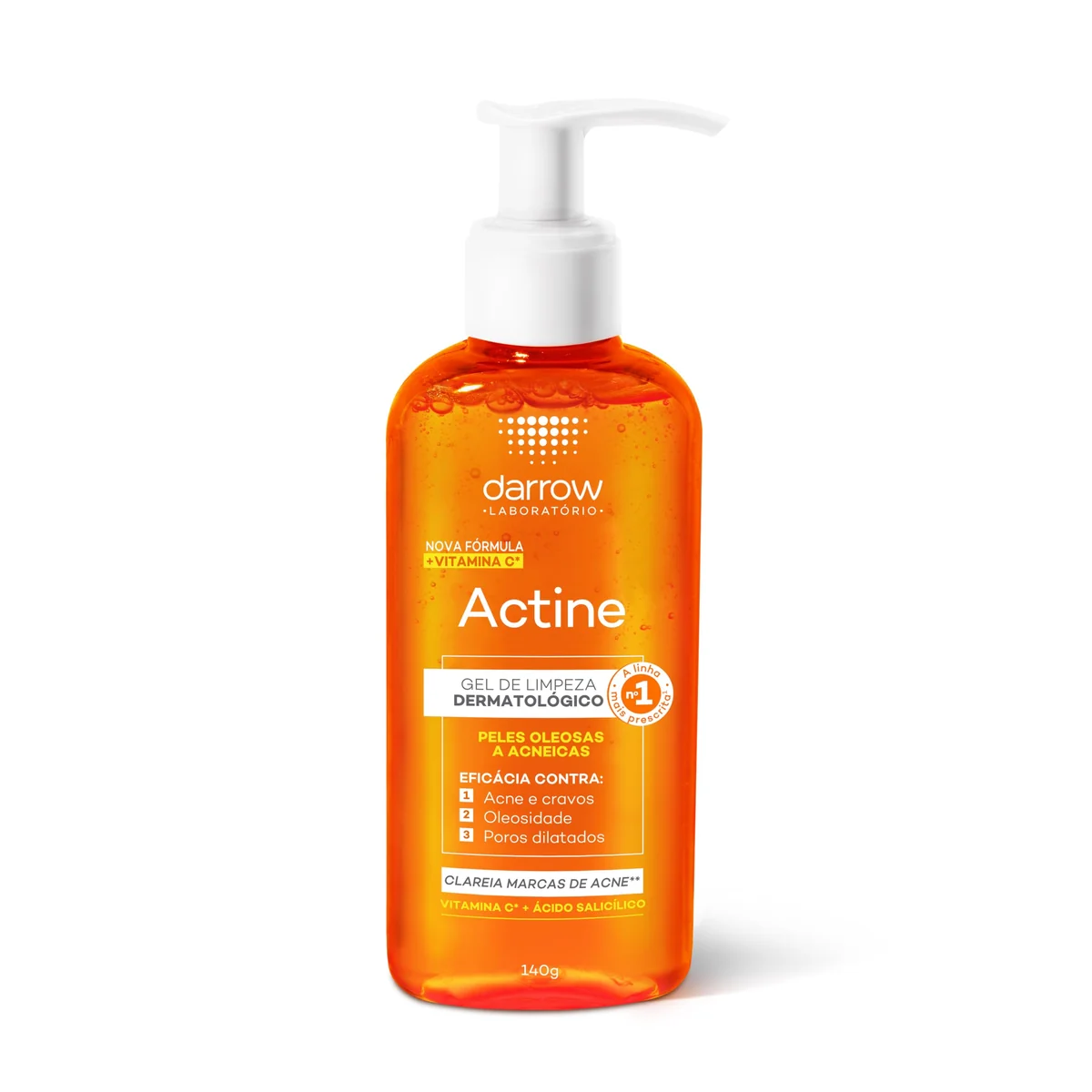 Darrow Actine Gel de Limpeza Dermatológico Facial com Ácido Salicílico, Vitamina C e Lactato de Mentila, Redução de 86% da Acne e -90% Oleosidade Imediatamente, 140g