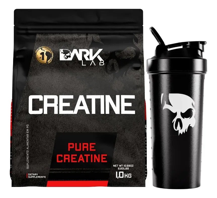 Creatina Pura 1kg Sem Sabor + Coqueteleira Shaker 700ml Preto Dark Lab