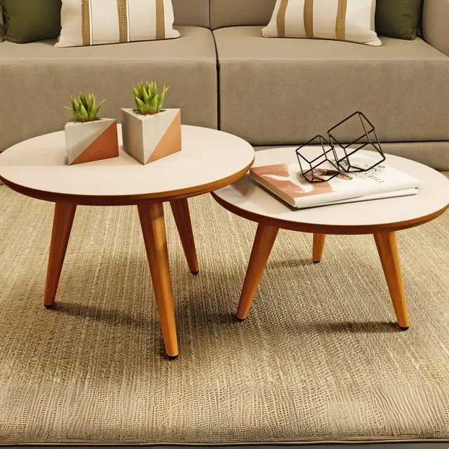 Conjunto Mesa De Centro Para Sala Lateral Redonda Pés Palito