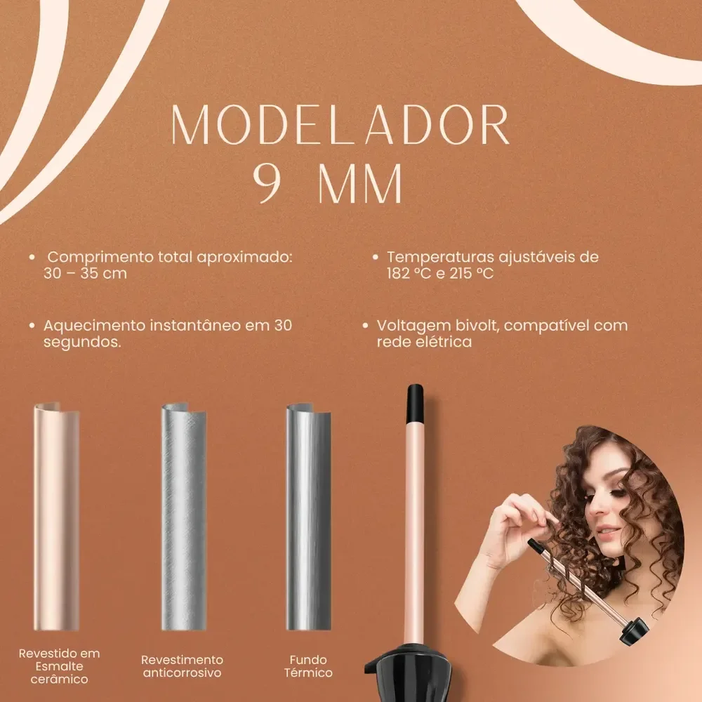 Hatteker Modelador de Barril Cerâmico 9mm Rose Cachos Definidos