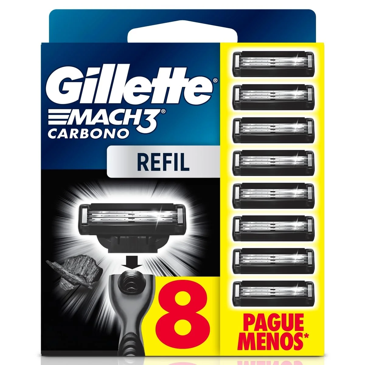 Gillette Mach3 Carbono Carga para Aparelho de Barbear com Carvão 8 Unidades