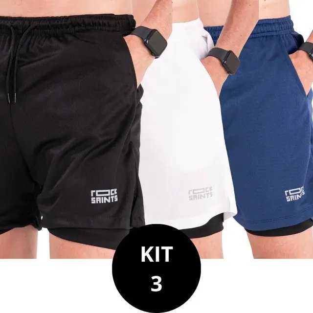 Kit 3 Shorts Duplo 2em1 Rock Saints Para Academia