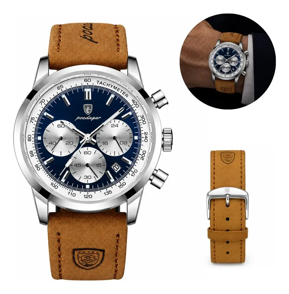 Relogio Poedagar Luxo Pulseira Em Couro 921 Masculino Caixa Marrom-claro Prateado Azul