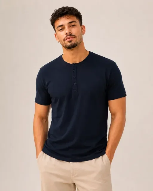 Camiseta Henley Masculina Slim Fit Algodão Manga Curta