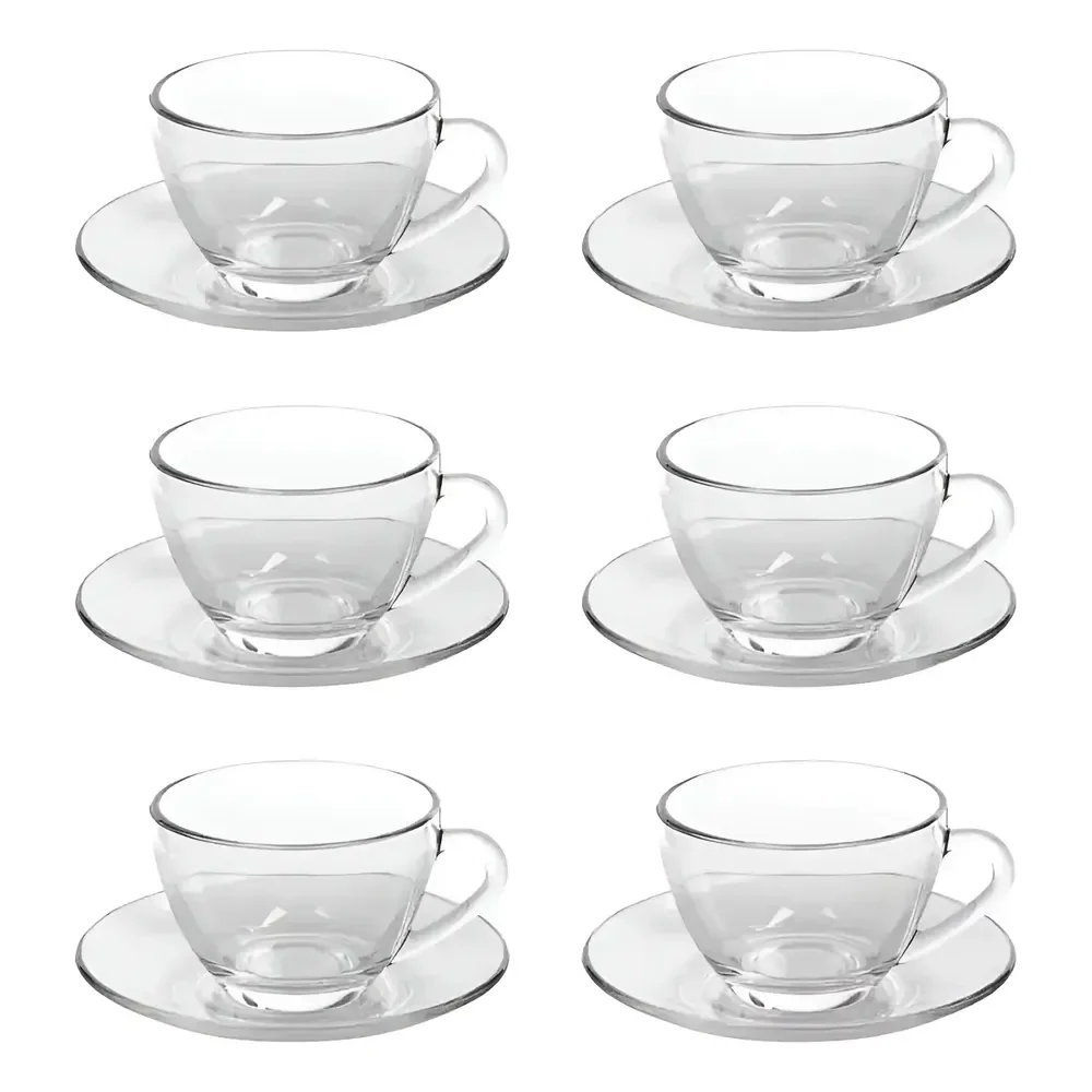 Jogo Xícaras Café Com Pires Chá 12 Peças Vidro Incolor 230ml Transparente