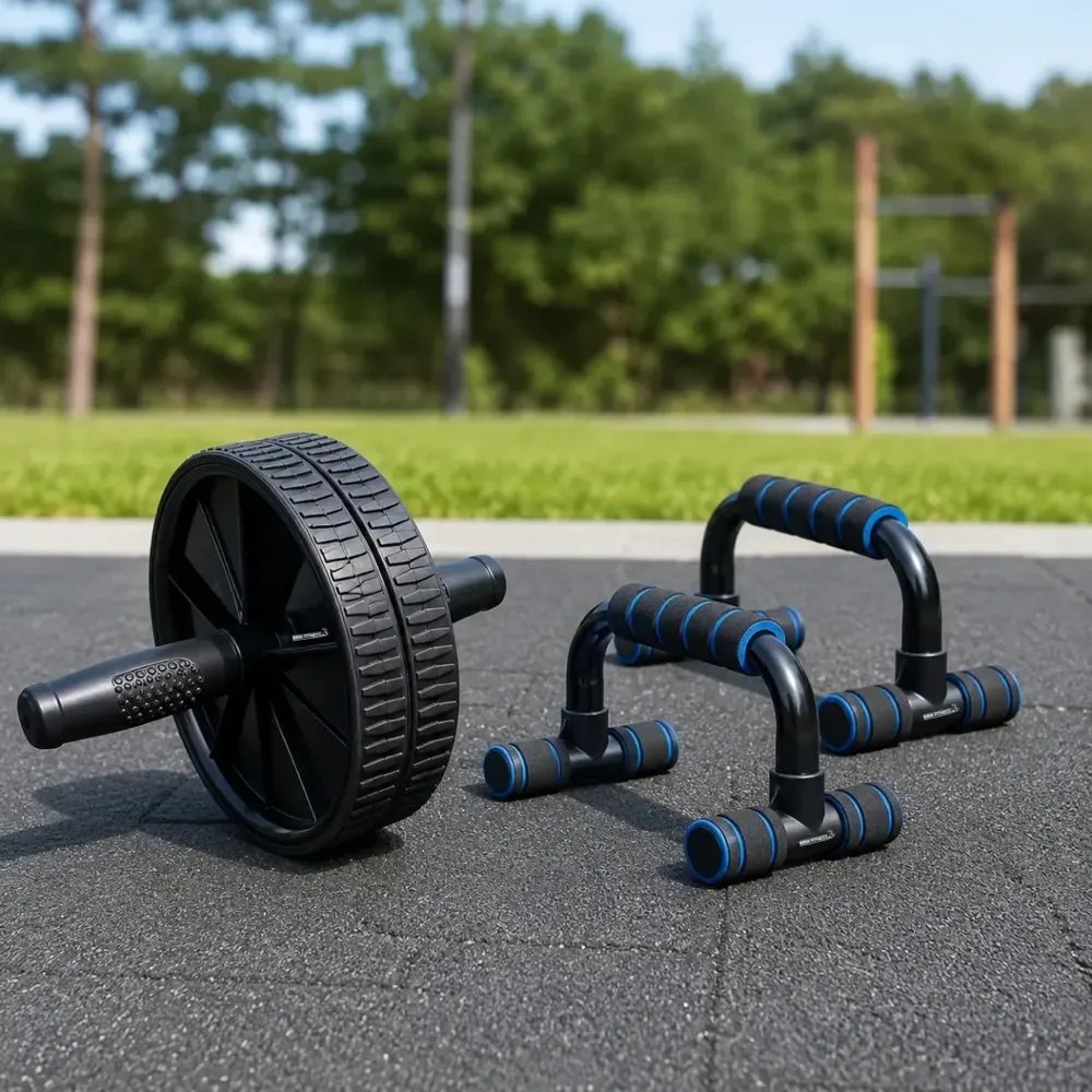 Kit Ginastica Rodinha Abdominal + Suporte Barra De Flexão Preto E Azul