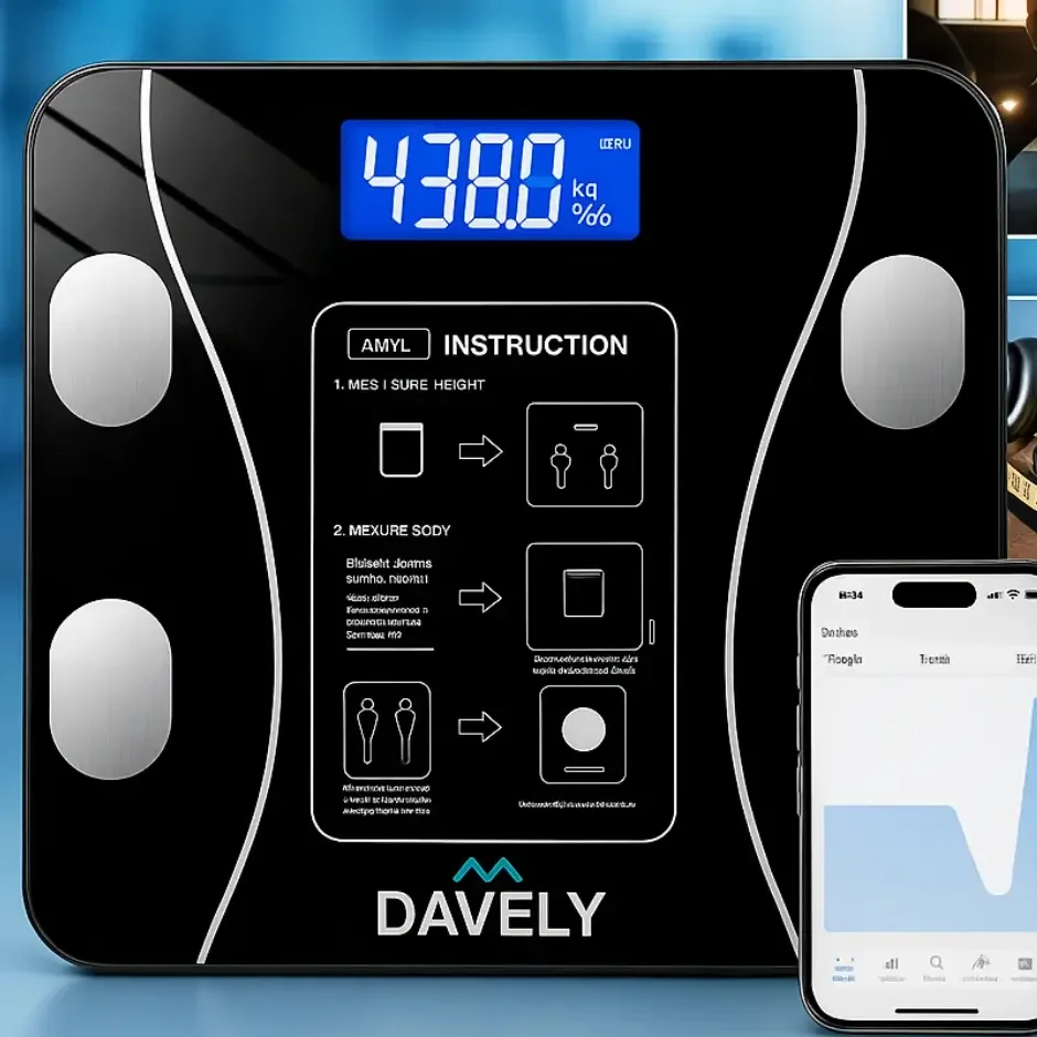 Balança Digital Corporal Bioimpedância Davely Bluetooth Para Android E Ios Vidro Temperado Alta Capacidade Balança De Banheiro Academia Preto