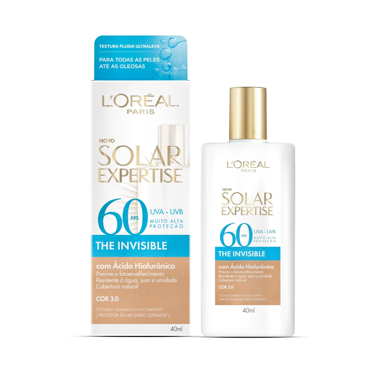 L'Oréal Paris Solar Expertise, Protetor Solar Facial The Invisible Fluido FPS60 com Ácido Hialurônico e Tecnologia NETLOCK, Alta Proteção Solar com Ação Anti Idade, Cor 3.0 40g