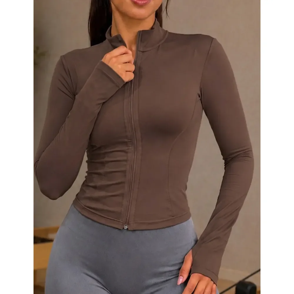 Jaqueta Yoga Fitness Feminina Zíper Manguito Academia Marrom M