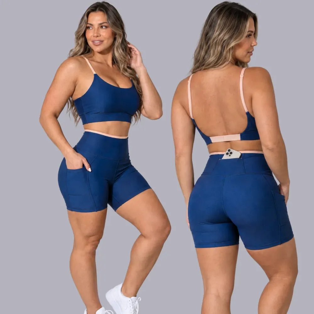 Conjunto Academia Fitness Top E Short Kit Zero Transparência Azul/areia Liso M 38/40