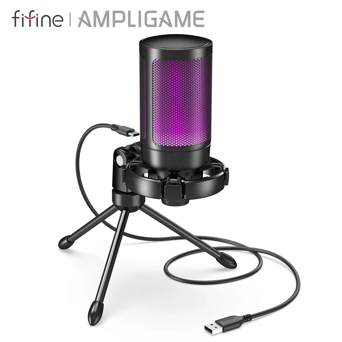 AmpliGame by FIFINE RGB USB Gaming Microphone com luz sensível ao toque mudo, microfone condensador com tripé para PC, PS4/5, laptop Streaming-A2
