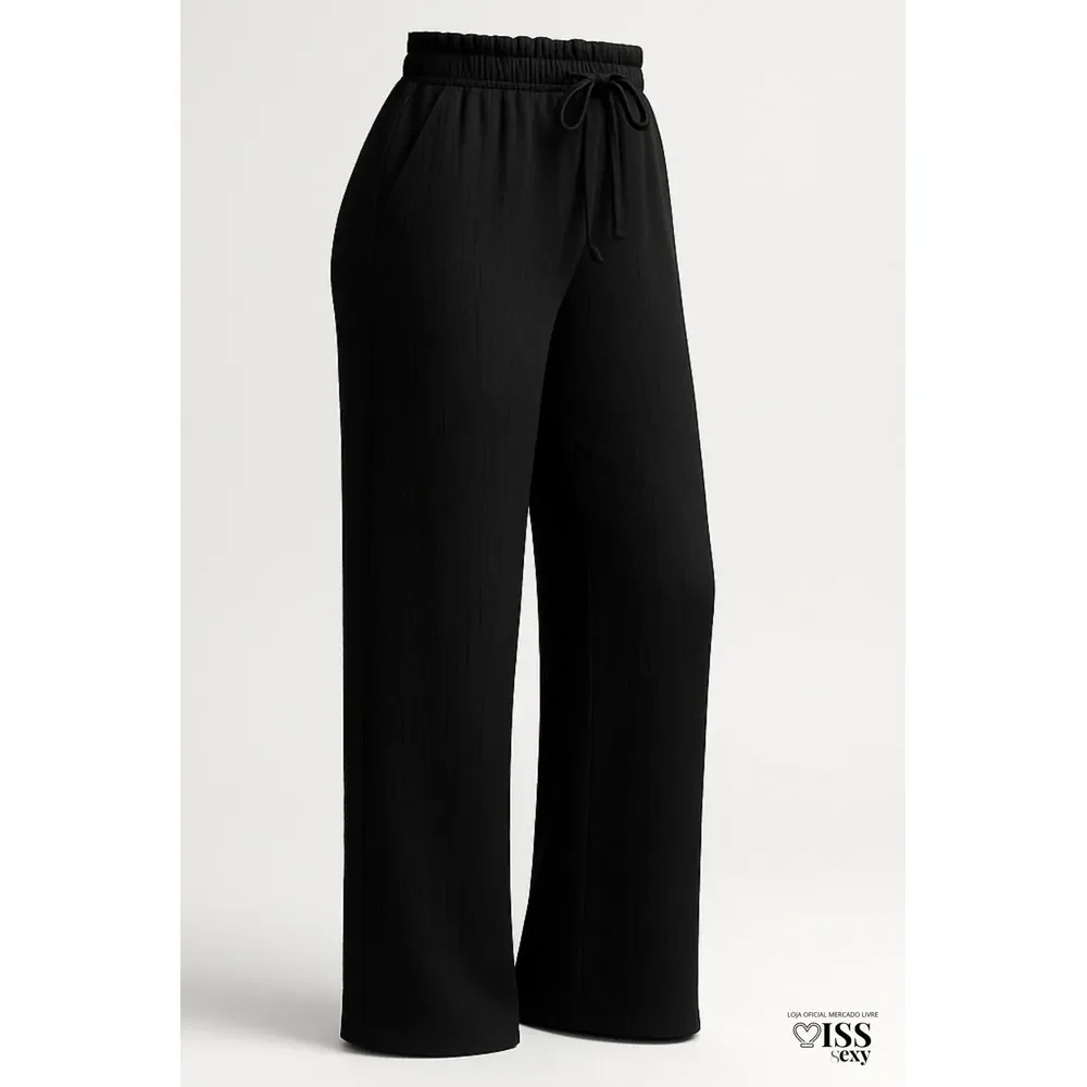 Calça Feminina Alfaiataria Wide Leg Social Pantalona Preta Gg