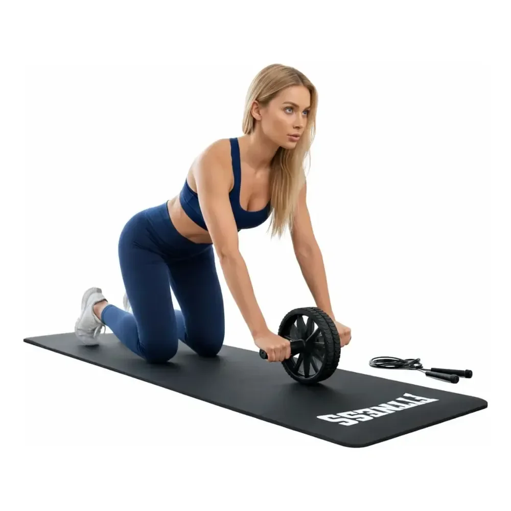 Kit Academia Corda Colchonete Roda Abdominal Treino Em Casa Preto
