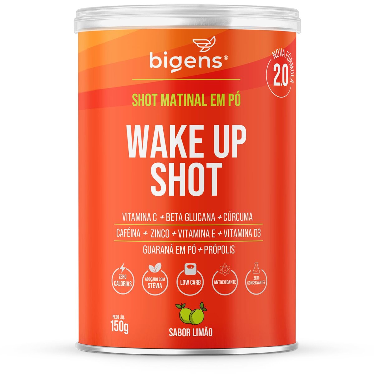 Bigens Wake Up Shot, Vitamina C, Própolis, Gengibre, Cúrcuma, Guaraná e Zinco, Sabor Limão, 150g, Suplemento em Pó (Unidade)