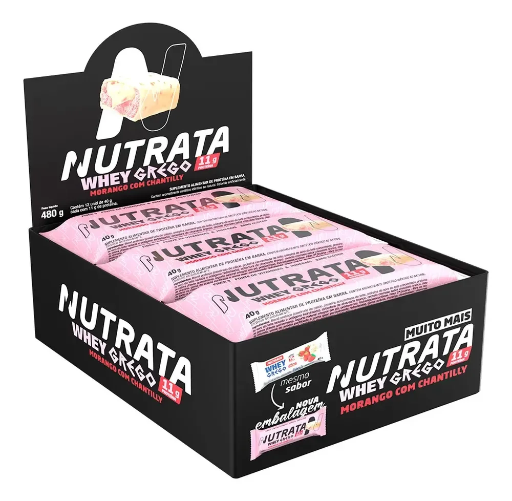 Display C/ 12 Whey Grego Bar Morango Com Chantilly 40g - Nutrata Morango