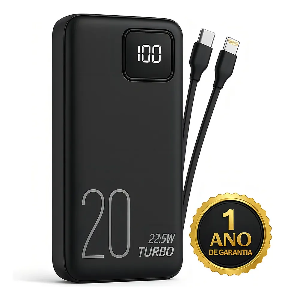 Carregador Portátil Power Bank Turbo 20000mah 22.5w universal para iphone samsung motorola xiaomi Com Display Digital DTimp