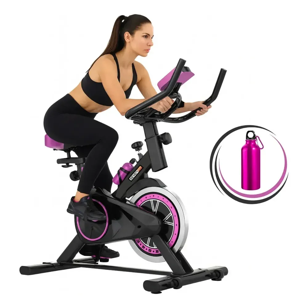 Bicicleta Ergométrica Bike Spinning Garrafa 6kg Sensação Inércia Com Medidor Cardíaco Fitness Preto E Rosa Sevenfit Para Cardio E Musculação Preto-rosa