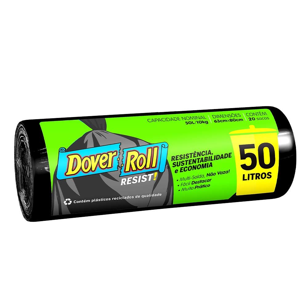 Dover-Roll Resist! 50L Preto, Rolo com 20 Sacos para Lixo