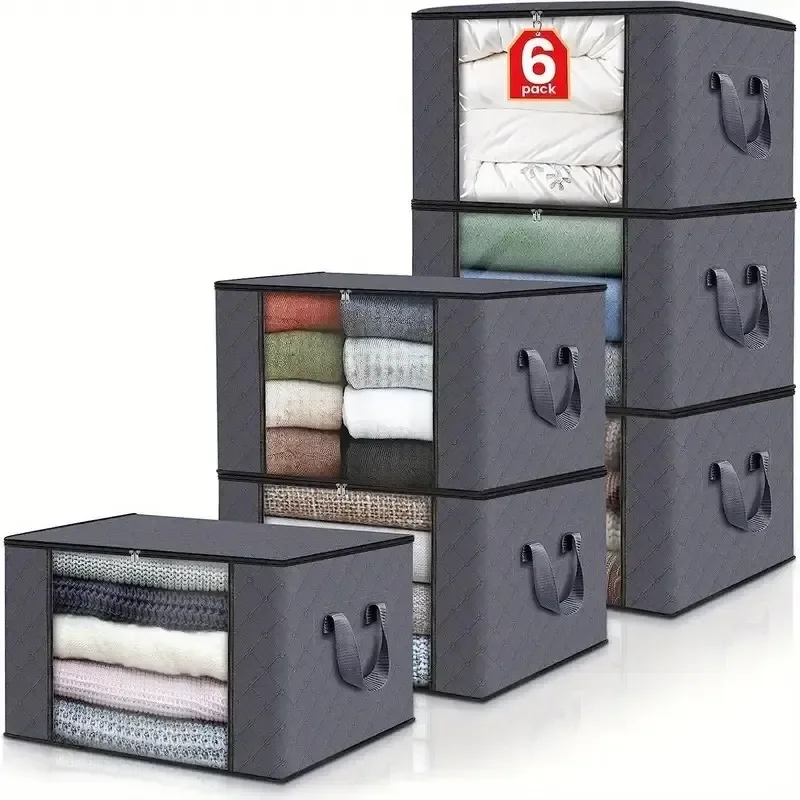 Kit6 Saco Organizador Guarda Roupa Dobrável Edredom Cobertor Cinza-escuro