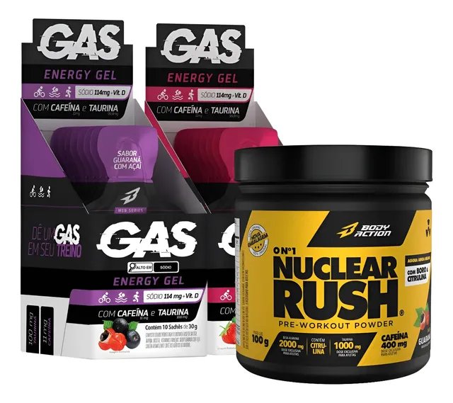 2x Caixas Gas Energy Gel 20 Sachês + Pré Treino Nuclear Rush