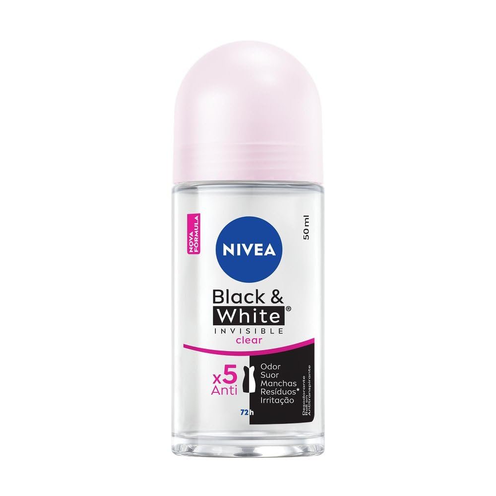 NIVEA Desodorante Antitranspirante Roll On Invisible Black & White Clear 50ml - Proteção prolongada de 48h, cuidado suave, ação antibacteriana, fórmula 5 em 1: anti-manchas, anti-odor