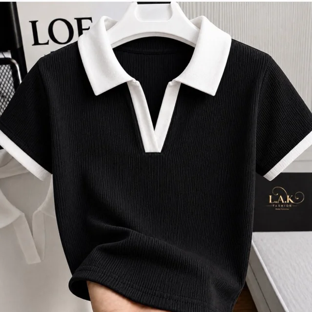 Blusa Polo Feminina Bicolor Manga Curta Ribana Premium Canelada Elegante