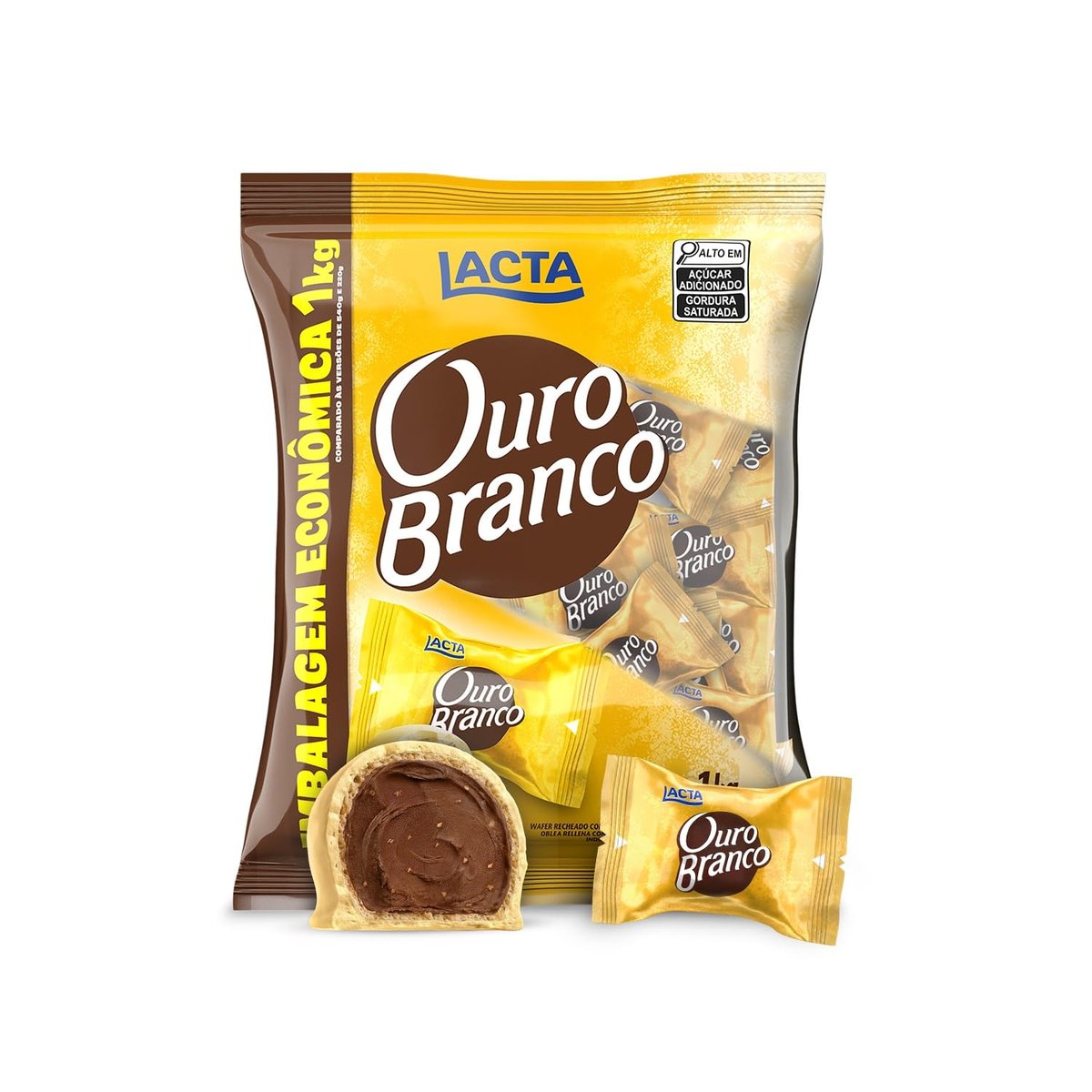 Lacta Ouro Branco - Wafer Recheado Sabor Chocolate Branco Pacote 1kg
