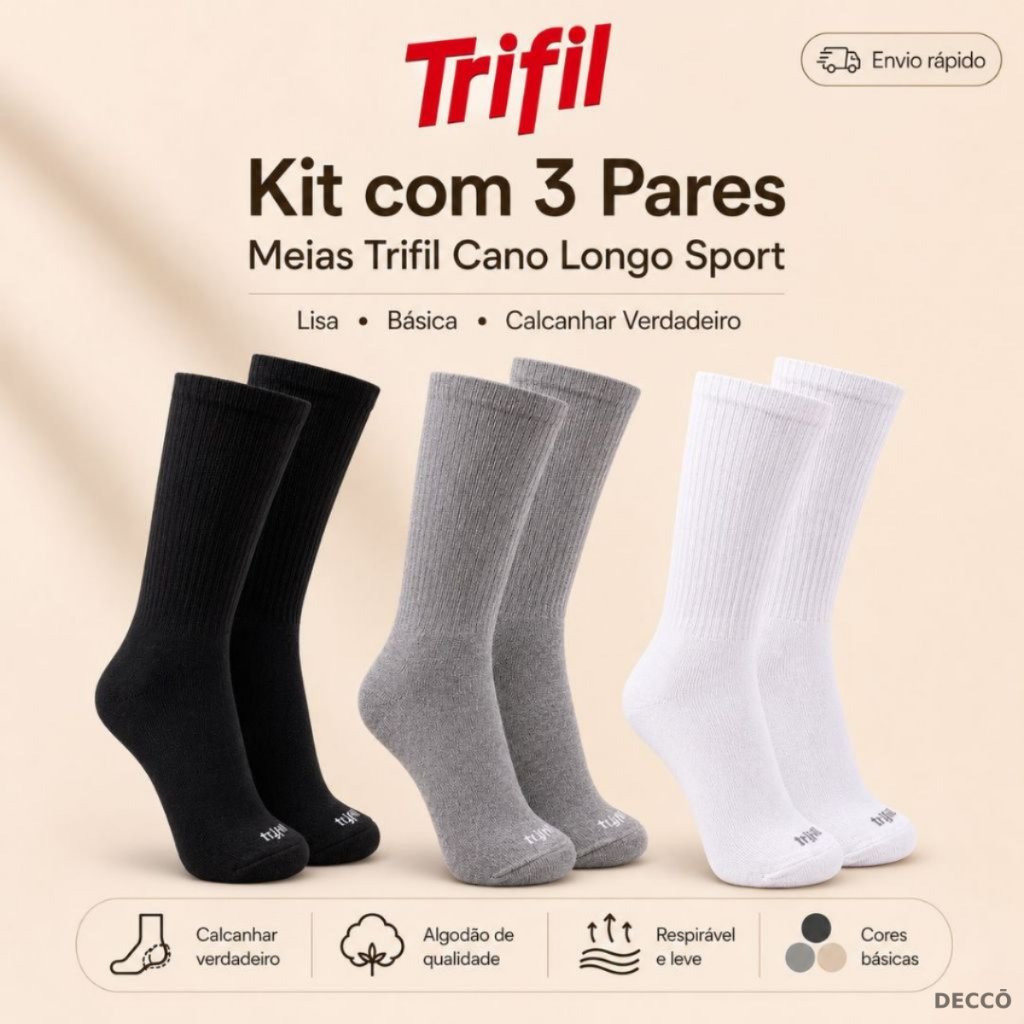 Kit com 3 Pares de Meias Trifil Esportiva Lisa Modelo Cano Longo Calcanhar Verdadeiro Básica Sport