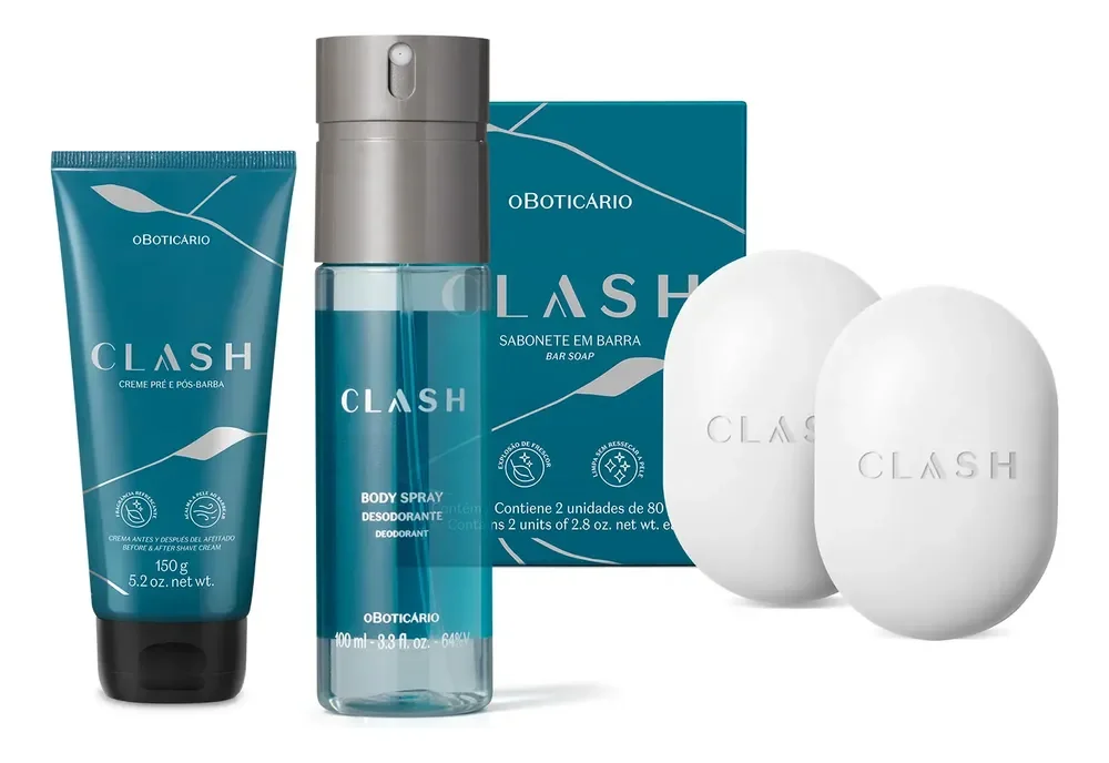 Combo Clash: Sabonete Em Barra 2x80g + Creme Pré E Pós-barba 150g + Body Spray 100ml
