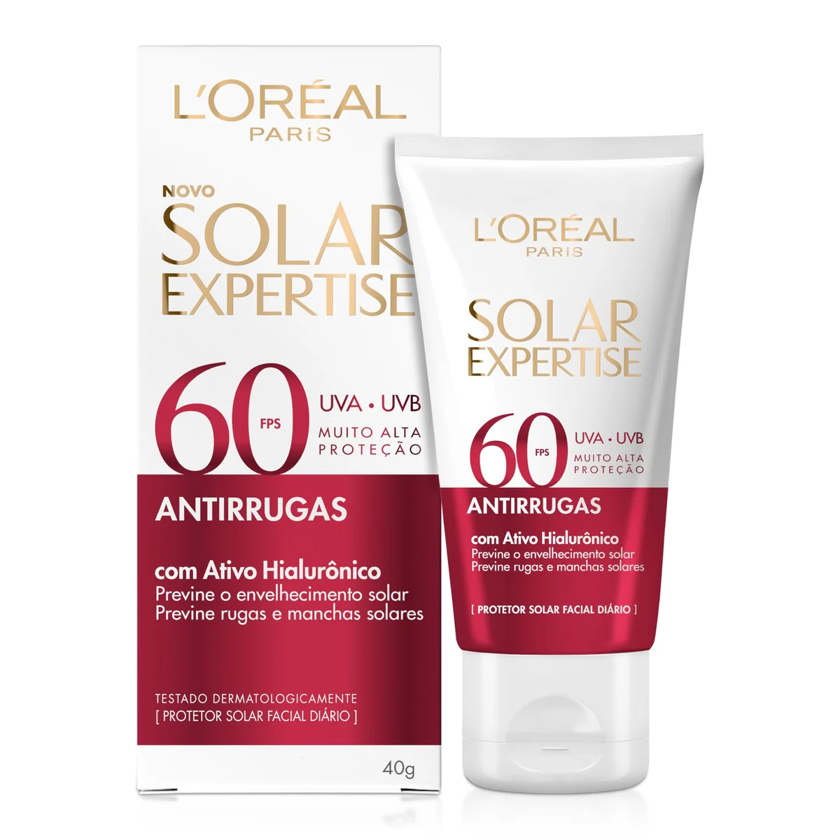 L'Oréal Paris Solar Expertise Antirrugas FPS60 com Ativo Hialurônico, Protetor Solar Facial Diário, Previne o Envelhecimento Precoce, Rugas e Manchas 40g