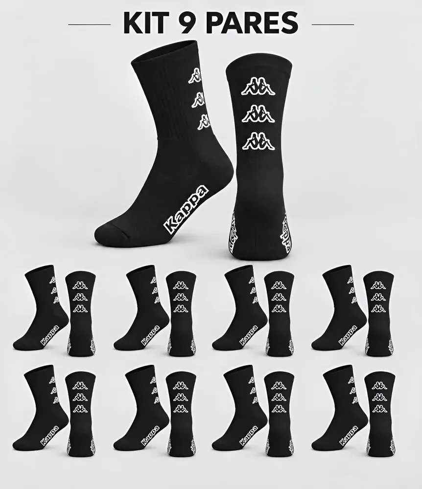 Kit 9 Pares Meias Kappa Algodão Cano Médio Conforto Original Preto 34-38