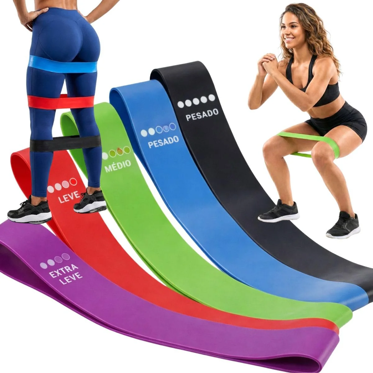 Kit 5 Faixas Elásticas Mini Band Loop 5 Níveis de Resistência para Treino Funcional Pilates Fisioterapia Glúteos e Pernas
